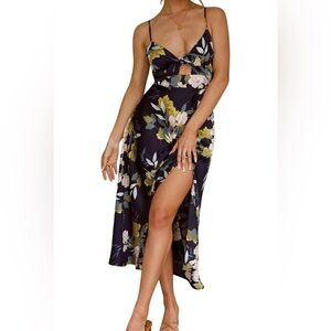 Navy blue floral slip style dress with tie and slit
